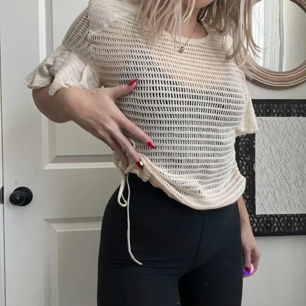 Free People Cream Side Cinch Open Knit Ruffle Sleeve Top Sz S